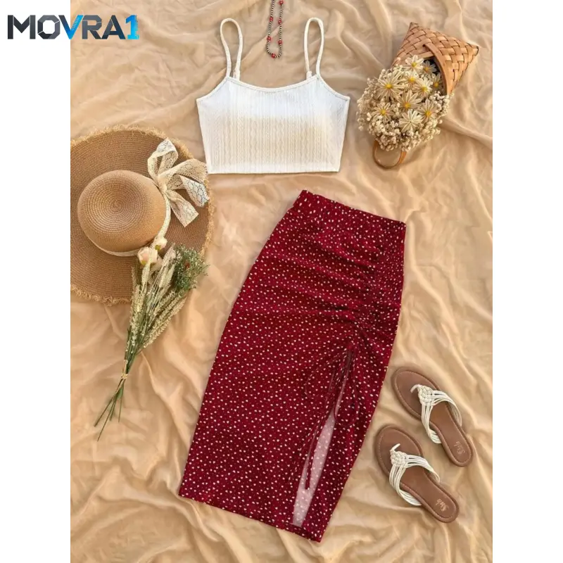 MOVRA1 2-Piece Casual Beach Outfit Set: Strappy Top Set, Casual Holiday, Fitted Solid Color Thin Sleeveless Spaghetti Strap Top and Floral Split Skirt, Stylish and Comfortable, Womenswear