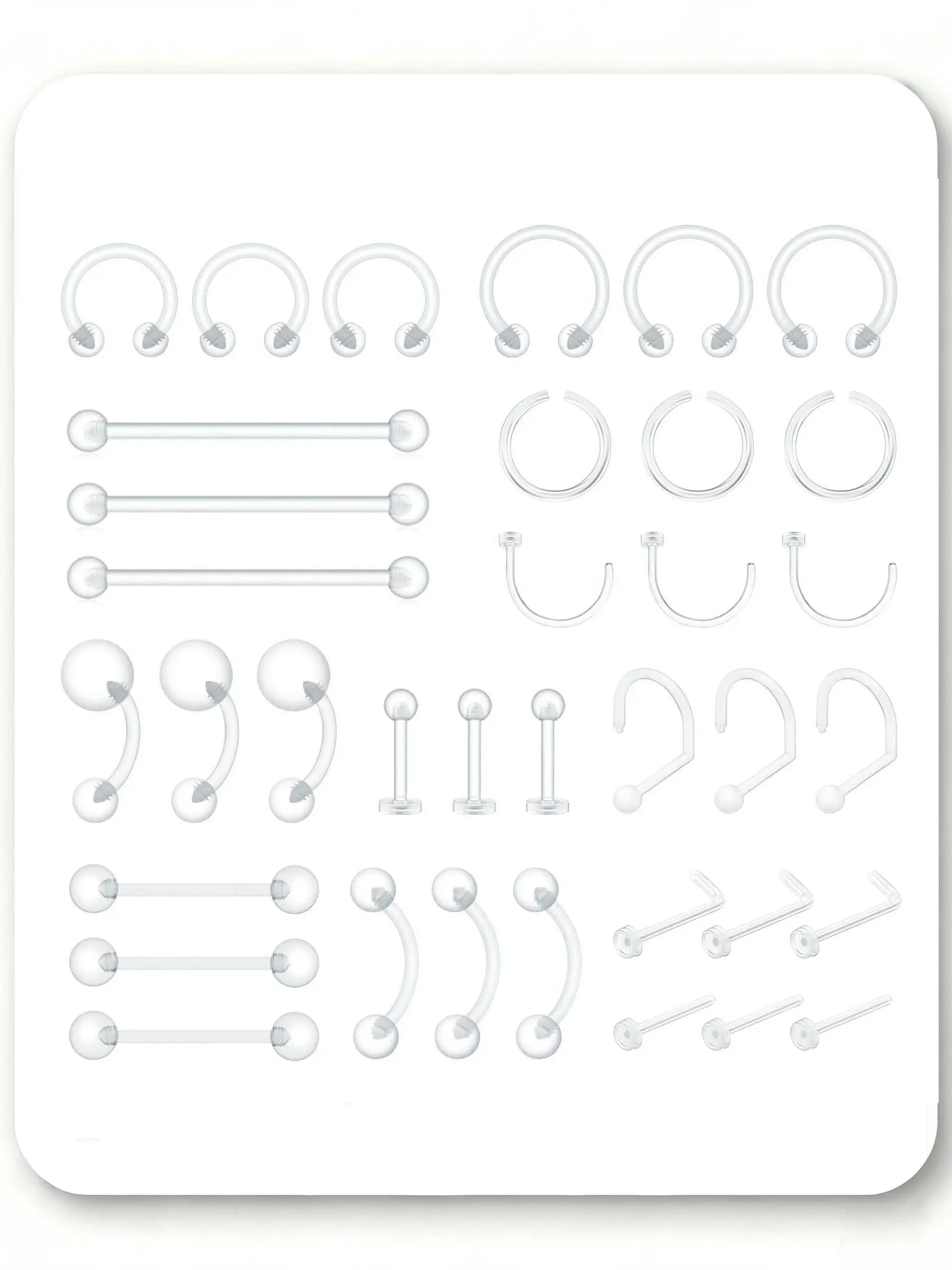 36pcs Clear Piercing Retainers Bioflex Plastic Body Piercing Jewelry for Nipple Tongue Nose Septum Eyebrow Belly Earrings Tragus Helix Cartilage Industrial Lip Labret Rings Studs For Surgery Mri