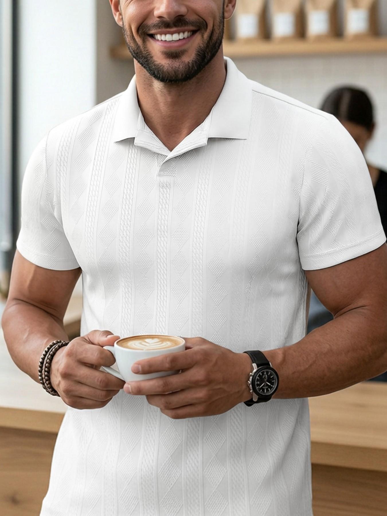 Men's Solid Jacquard Knit Polo Shirt, Regular Fit Casual Short Sleeve Collared Top for Summer, National Day Clothing, Fashion Menswear Men's Clothes for Daily Wear
