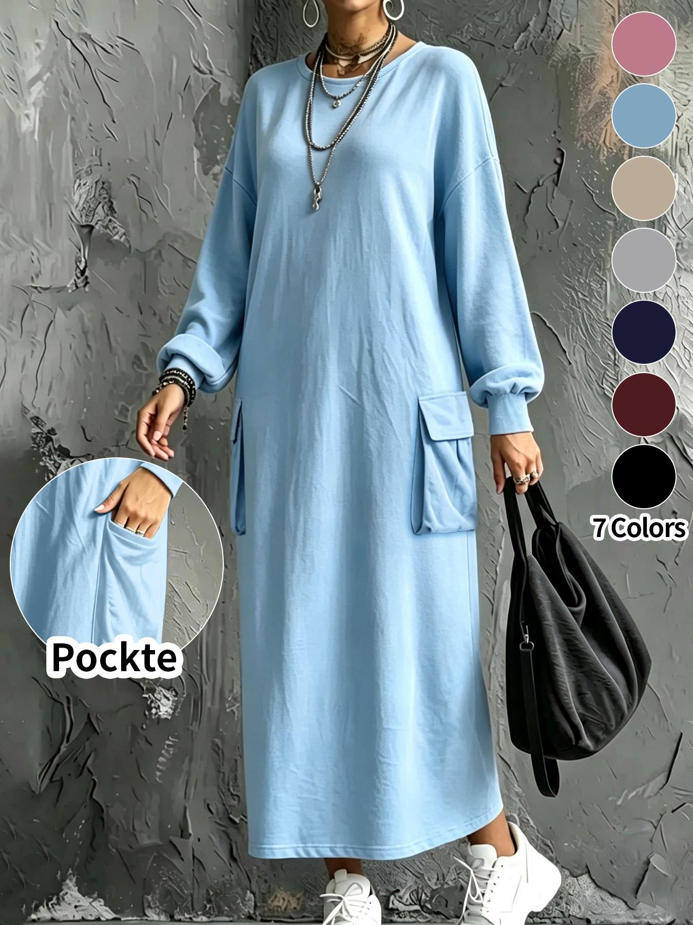 Plus Size Women's Casual Workwear Pocket Sweatshirt Dress, Long Sleeve Hiding Belly Lazy Girl Dress, Daily Home Outdoor Wear Basic