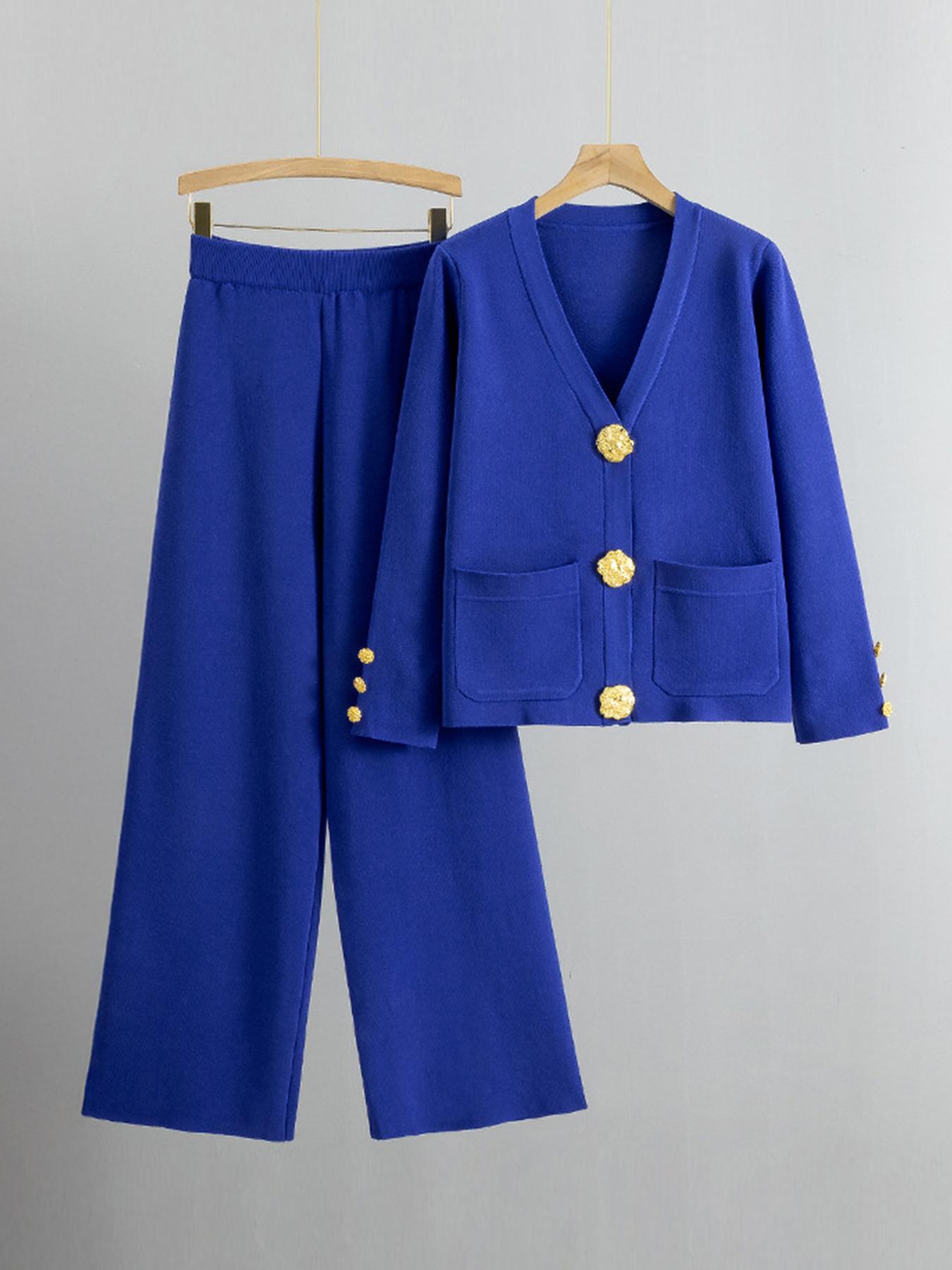 Women's Versatile V-Neck Gold-Toned Button Side Pocket Cardigan & High Waist Wide Leg Trousers Co-ord