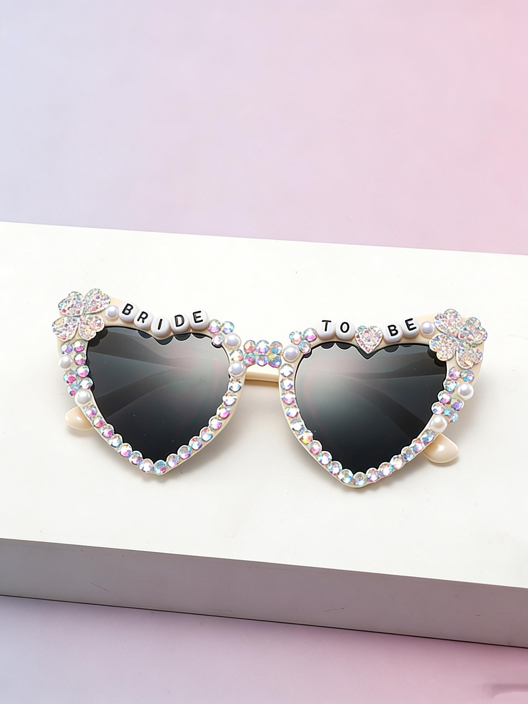 Bride-To-Be Full-Diamond Heart Sunglasses, Pearl Clover Decoration, Pre-Wedding Singles Party Photo Sun Glasses, Elegant Bridal Accessory