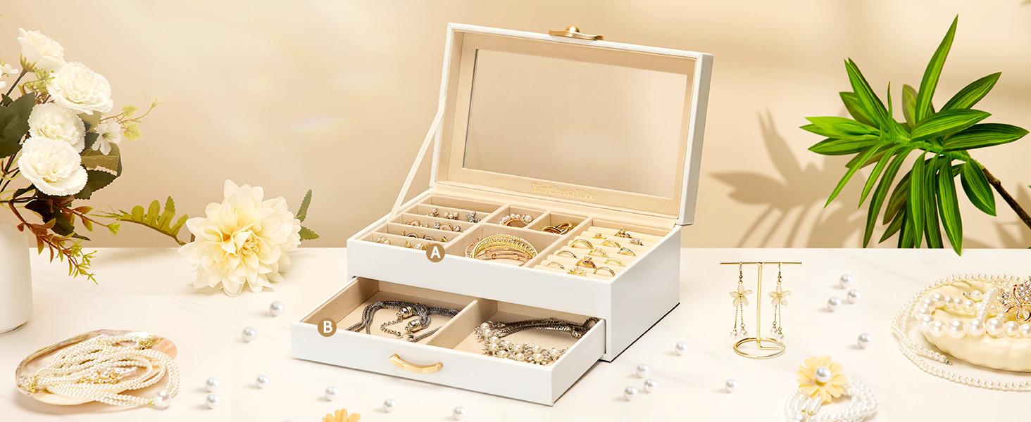 Jewelry Box with 1 Drawers: Display Organizer for Earrings Necklaces - Christmas Gifts for Girls Women (White)