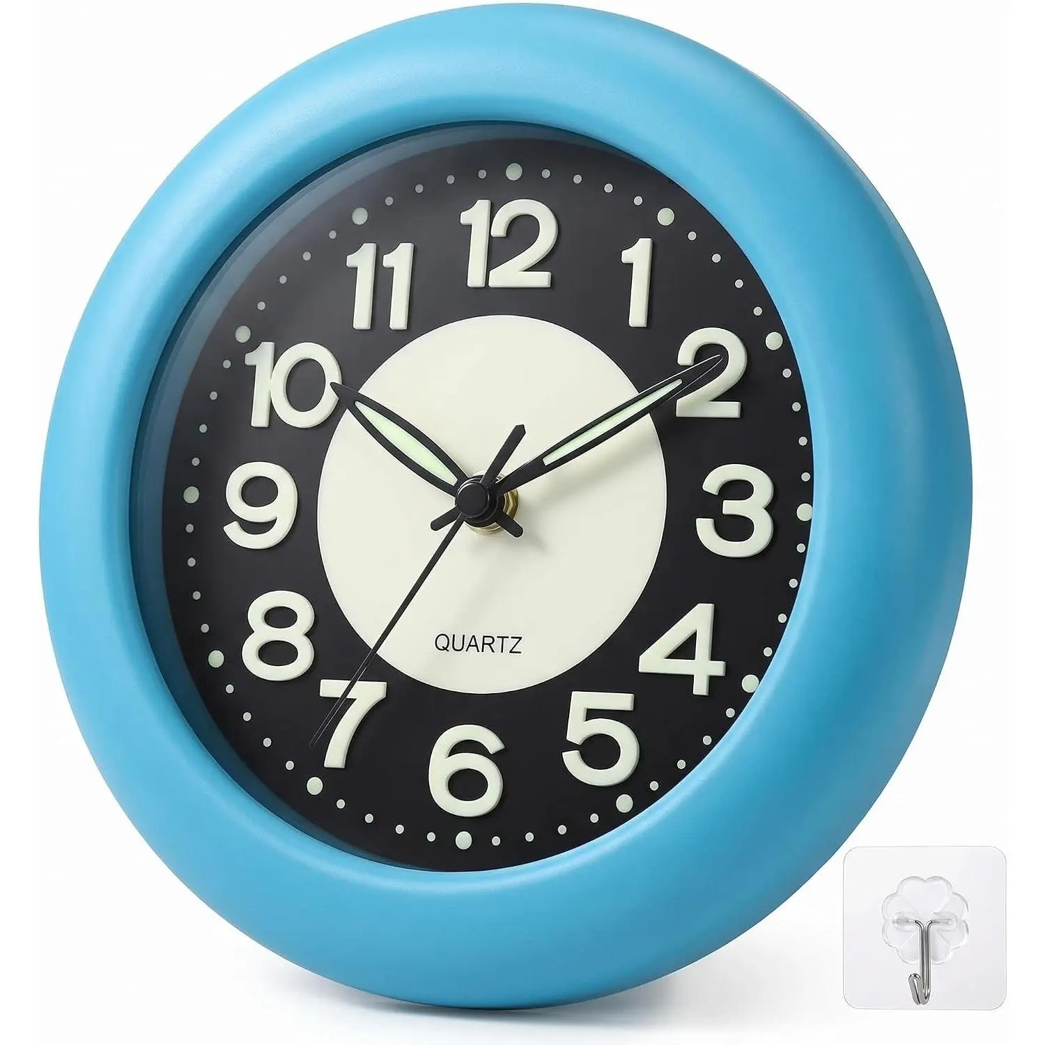 Waterproof Analog Clock for Bathroom and Shower, Large Display, Silent Non-Ticking, Luminous, Tabletop or Wall Mount for Home, Office, Pool, Spa, Restaurant, Blue