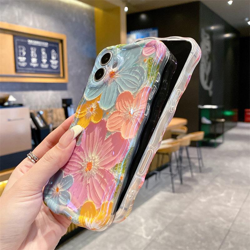 Oil Painting Flower Wavy Edge Phone Case - Laser Glitter Soft TPU Shockproof Cover for iPhone | Aesthetic Floral Case for Women Spring Daily Party Vacation Wear