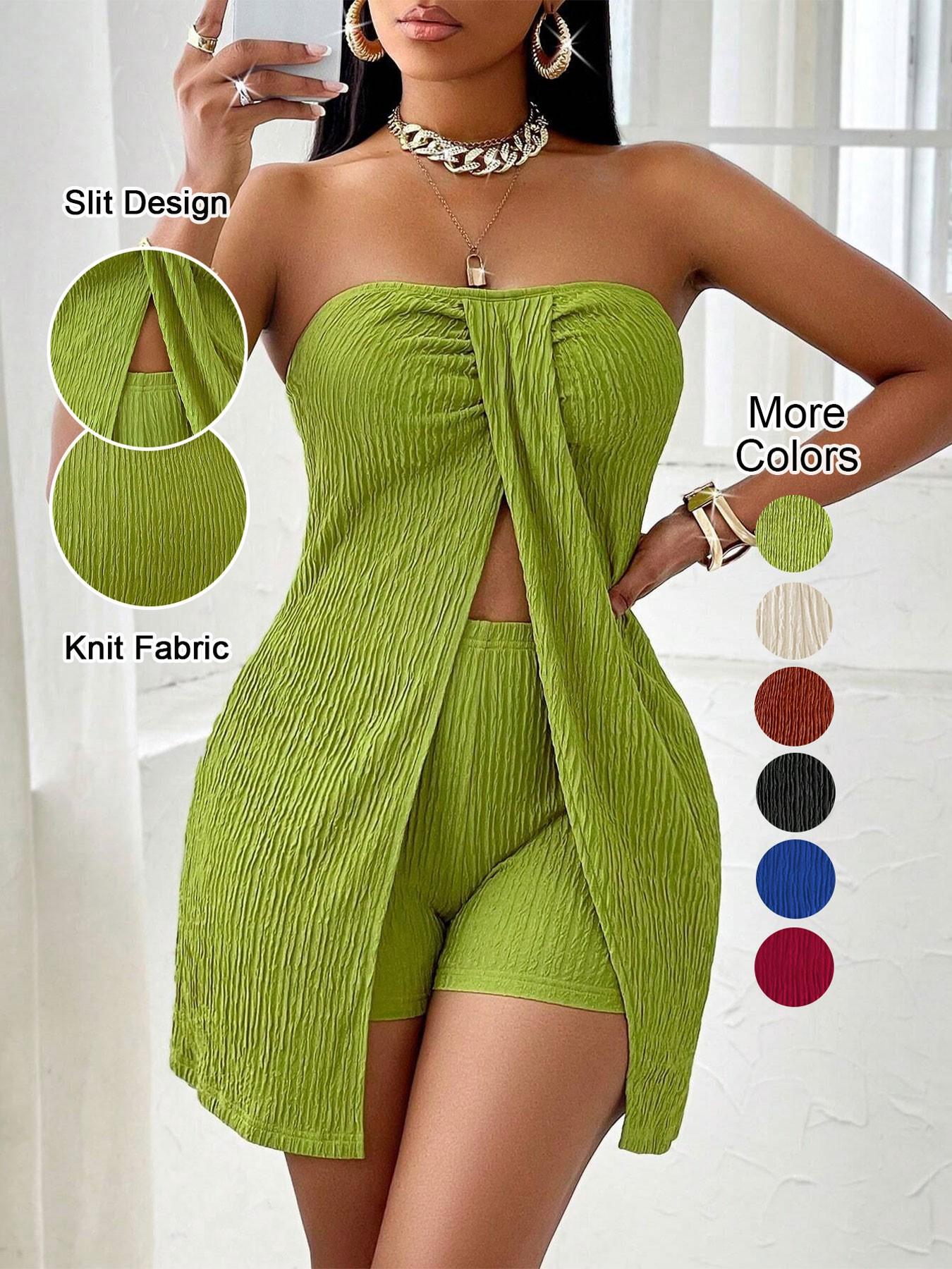 Women's Summer Plain Textured Fabric Twist Front Split Sleeveless Top Short Pants Set, Elegant Slim-Fitting Two-Piece