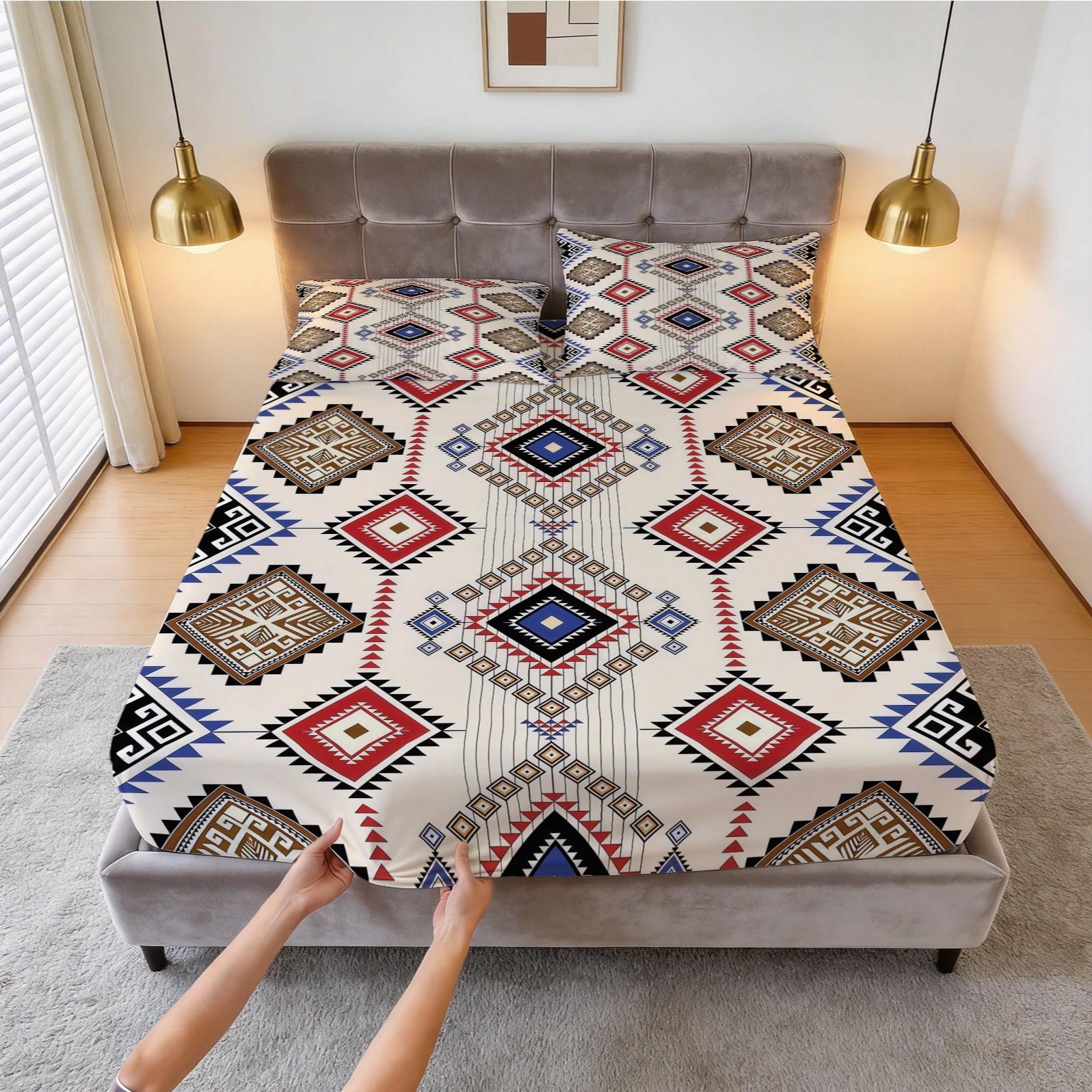3-Piece Bohemian Style Patterned Bed Sheet Set, Boho Sheets, Including 1 Bed Sheet And 2 Pillowcases (Excluding Pillow Core), Comfortable Bedding, Non Slip Suitable For Bedrooms, Suitable For Children And Teenagers As Gifts And Decorations