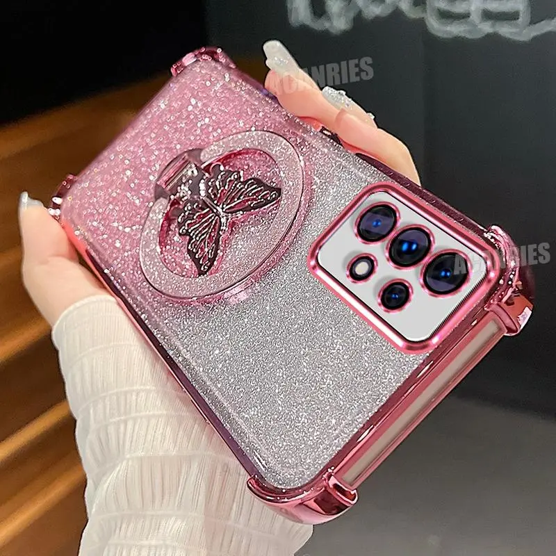 Luxury Glitter Butterfly Holder Plating Silicone Folding Shockproof Stand Cover, Phone Case Accessories For Samsung Galaxy A13 A23 A32 A33 A52 A53 A73 Full Protection