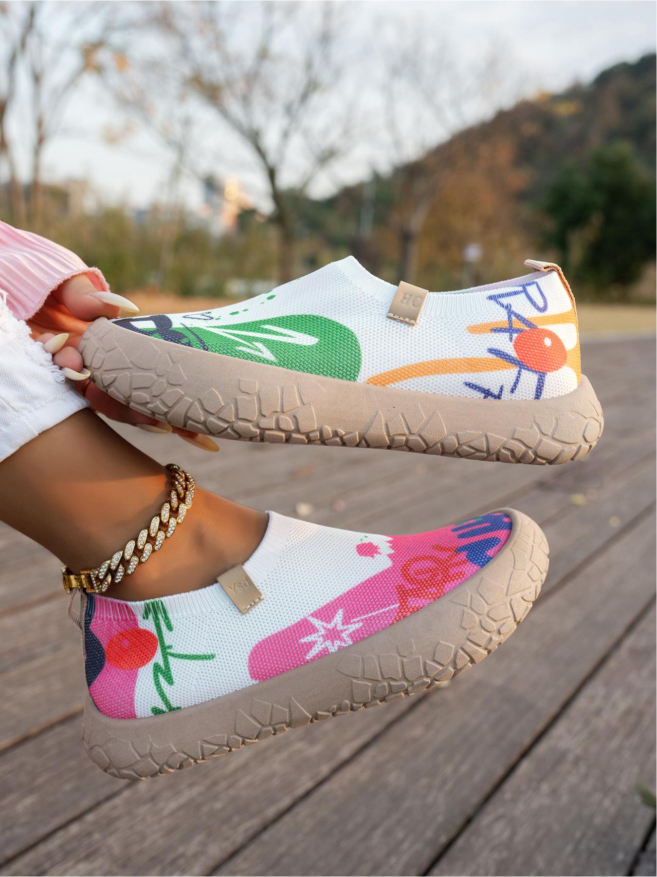 Women's Colorful Graffiti Slip-On Sneakers, Breathable Knit Mesh Comfortable Walking Shoes, Lightweight Non-Slip Soft Sole Casual Loafers for Outdoor, Work, Travel and All-Day Wear
