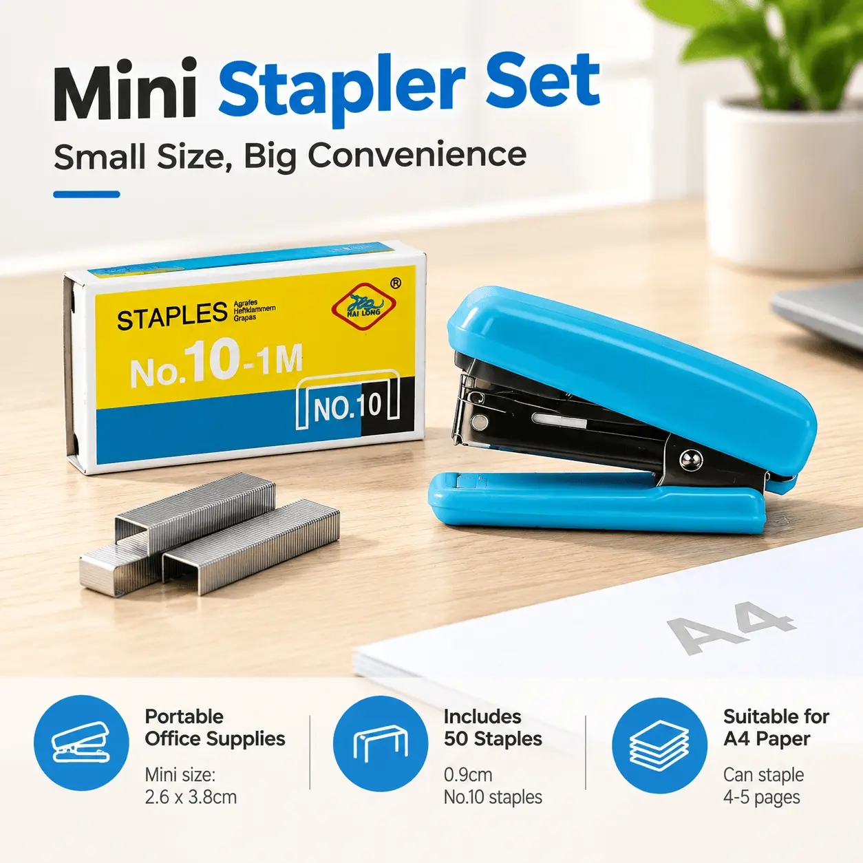 1PC Portable Stapler, Business Office Accessory, Plastic, 0.9 cm, for Fastening Paper