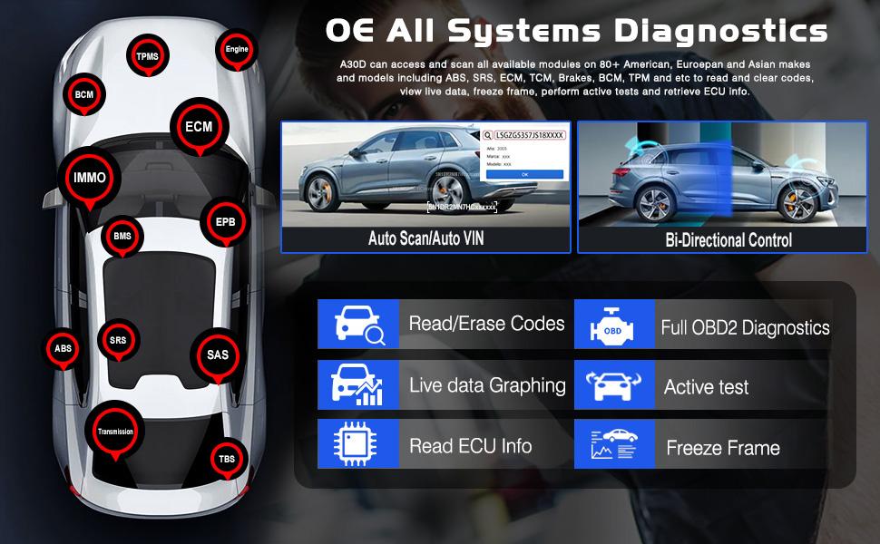 XTOOL A30D Bi-Directional Scanner, Lifetime Free Update, OE Full Systems Diagnostic Tool, 19+ Services, ABS Bleed, Injector Coding, Oil Light, EPB BMS TPMS SAS Reset, for DIYers Car obd2 scanner