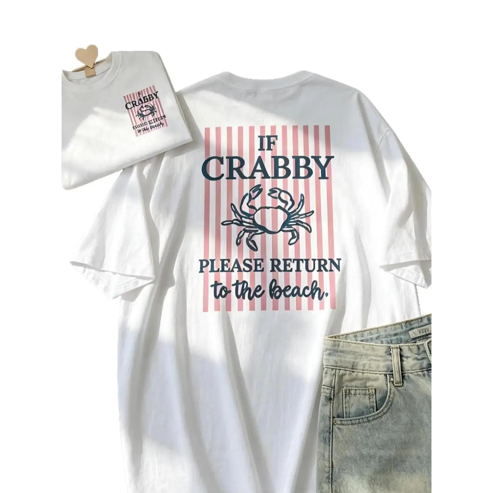 Women's Crab Striped Short-Sleeve Round Neck Cotton Top - Fitted, Smooth, Soft, Double-Sided Digital Print, IF CRABBY Design, Casual, Lightweight, Machine Washable, Foldable, Hangable, Custom-Made, Trendy All-Season T-Shirt