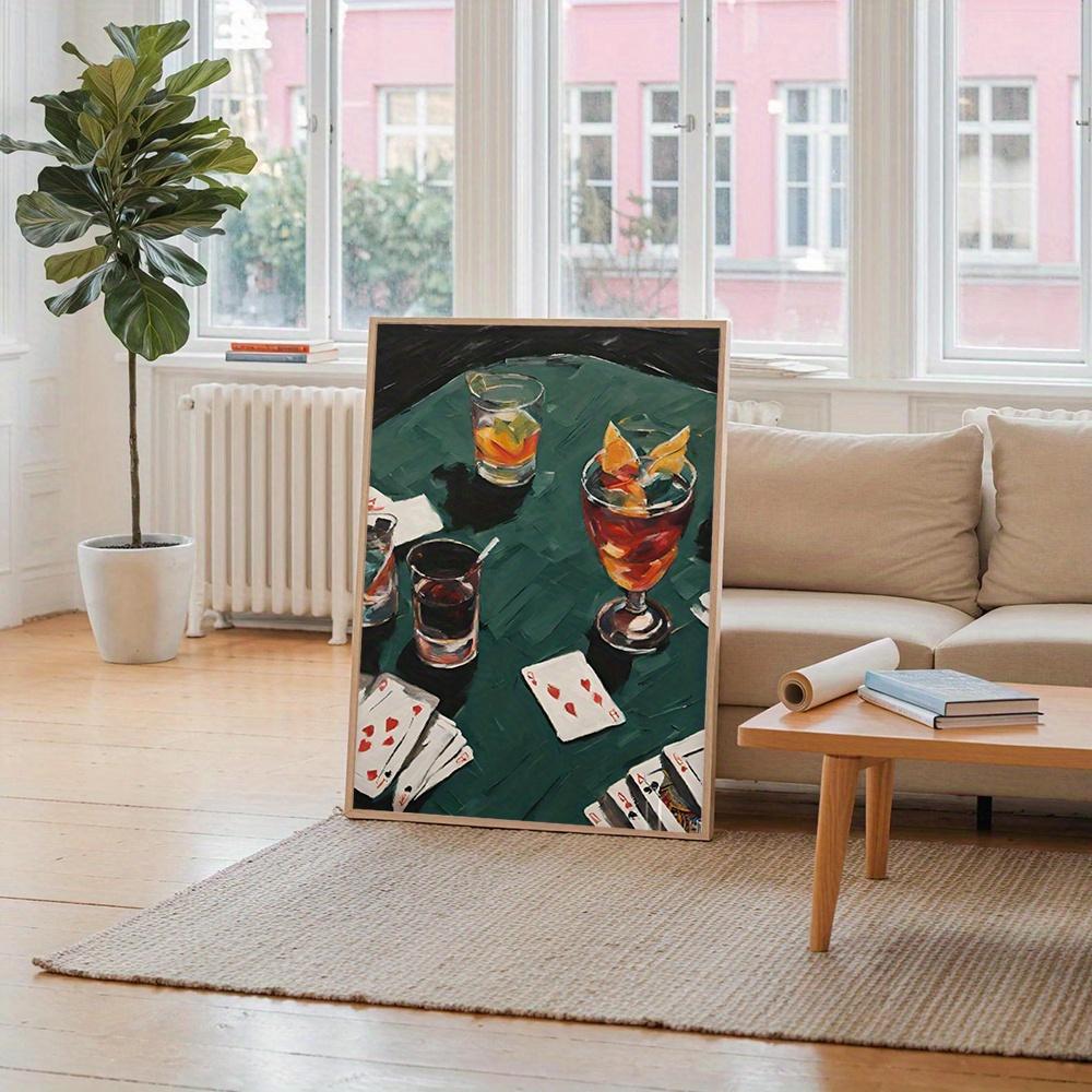 1pc Frameless Poker Wall Art Decor - Modern Classic Art Deco Canvas Print, Vibrant Whiskey & Cocktail Glasses with Playing Cards Design, Vertical Home Decor for Living Room, Bedroom, Office, Dorm - Spring Summer Aesthetic Gift