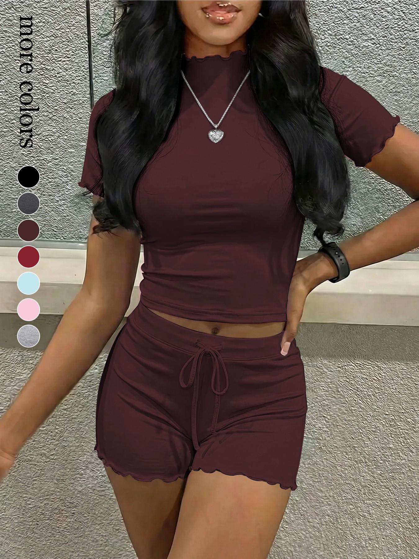 Women's 2 Piece Lounge Set, Short Sleeve Mock Neck Top & Drawstring Ruffle Shorts, Y2K Aesthetic Cozy Summer Pajama Sleepwear