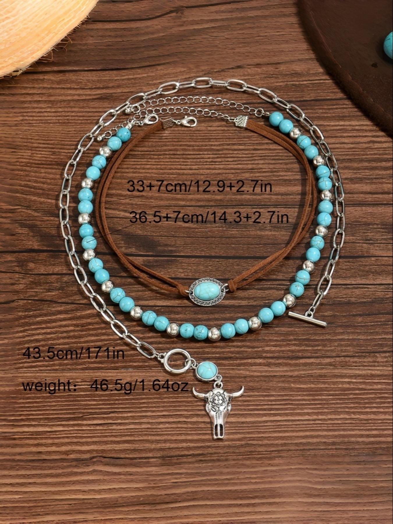 Western Cowboy Necklace Set for Women – Vintage Bull Head Turquoise Pendant with Velvet Choker & Rope Chain Collarbone Necklace, Boho Southwestern Layered Jewelry for Halloween Thanksgiving Christmas New Year Party