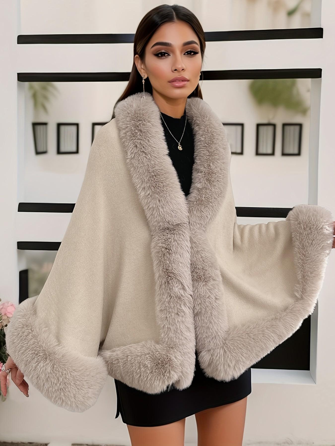 Women's Faux Fur Trim Shawl Cape, Comfortable Acrylic Knit Winter Outerwear, Perfect for Parties Weddings Evening Dresses, Elegant Gift