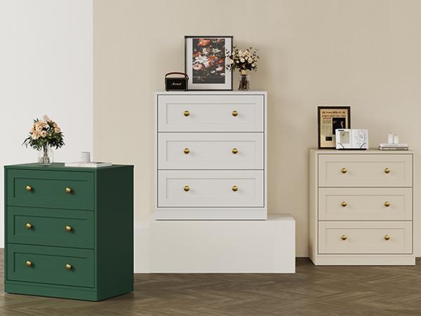 RoyalCraft 3 Drawer Dresser,Nightstand  with Golden Round Knobs, Large Bedside Table, Modern Wood End Table, Accent Side Table Chest of Drawers for Bedroom, Living Room, Hallway, Closet, White