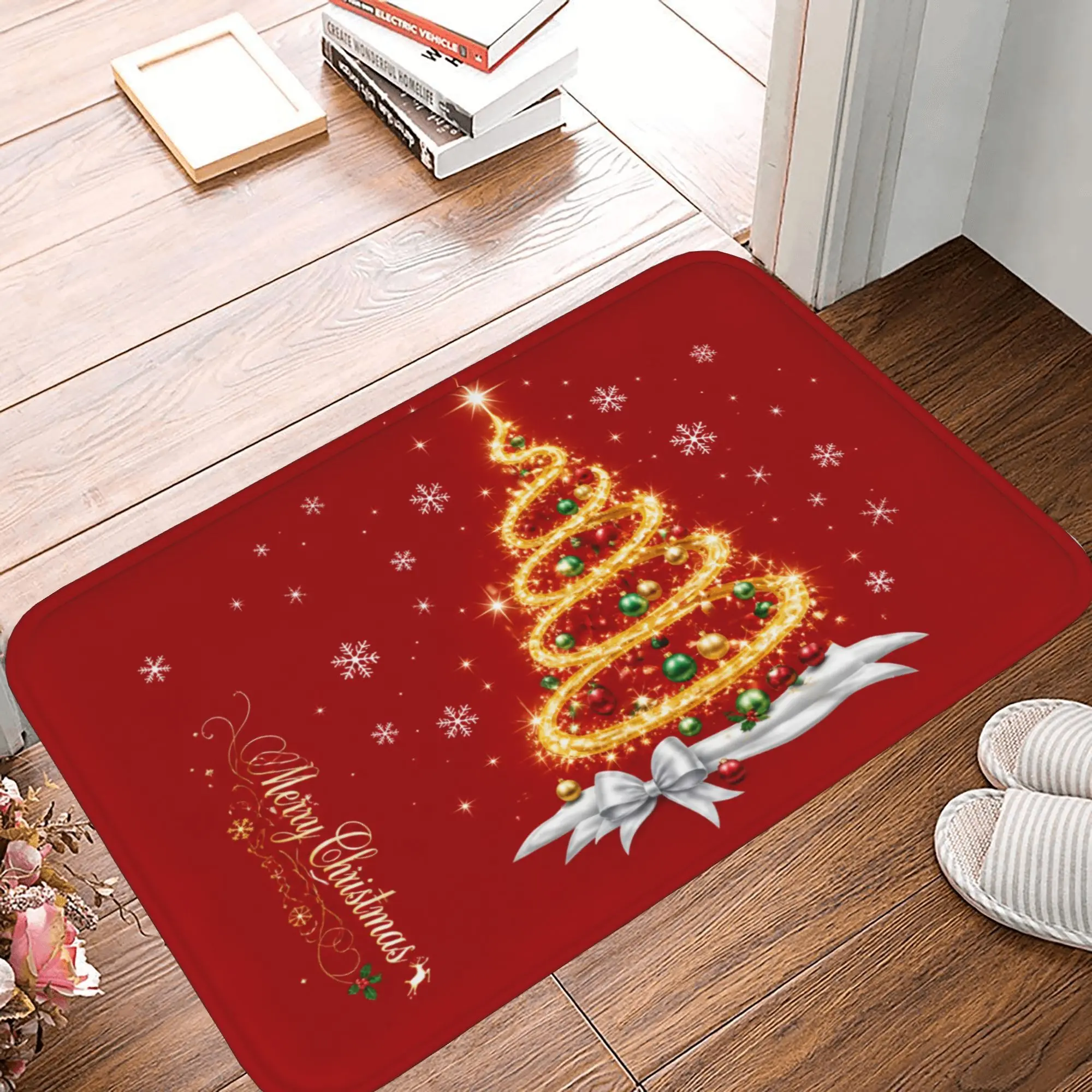 Christmas Tree Merry Christmas Doormat, Non-Slip Soft Flannel Indoor Entrance Rug, Low-Profile Floor Mat for Home Decor, Durable Dirt Trapper Welcome Mat for Entryway Kitchen Bathroom