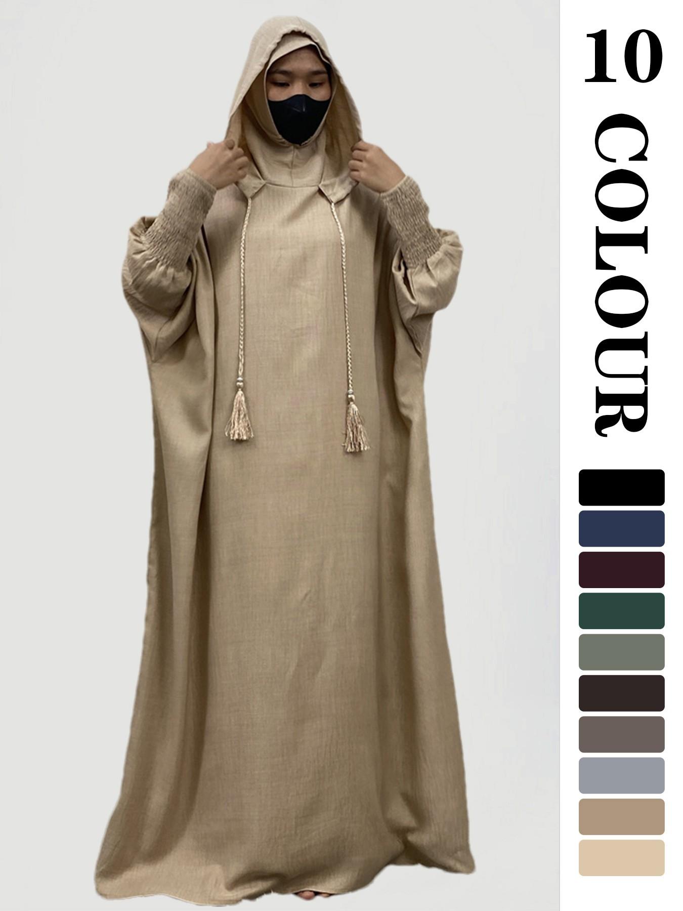Women's Solid Hooded Dress, Casual Long Sleeve Dress for Fall & Winter, Women's Islamic Clothing for Daily Wear, Modesty Muslim Clothing, Modest Style Dress, Women's Muslim Gowns