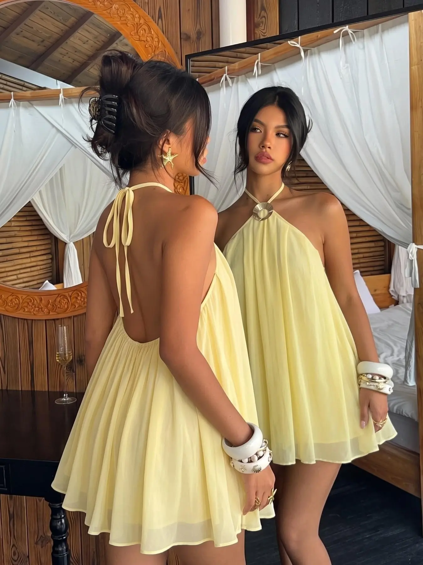 Women Summer Beach Sundress Light Yellow Halter Neck With Metal Ring Detail Self Tie Backless Design Flowy Loose A-Line Short Lightweight Chiffon Mini Dress Holiday Going Out Vacation Dress