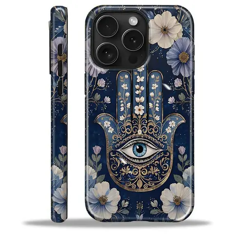 Hamsa Hand Flower Evil Eye Pattern 2-in-1 Glossy Film TPU Silicone Smartphone Casing - Durable Shockproof Cellphone Protection Accessory, Full Coverage for iPhone 18,17 Air E,16,15,14,13,12,11 Pro/Pro Max & Samsung Galaxy S24 Plus,S25,S22+,Ultra,FE,Edge