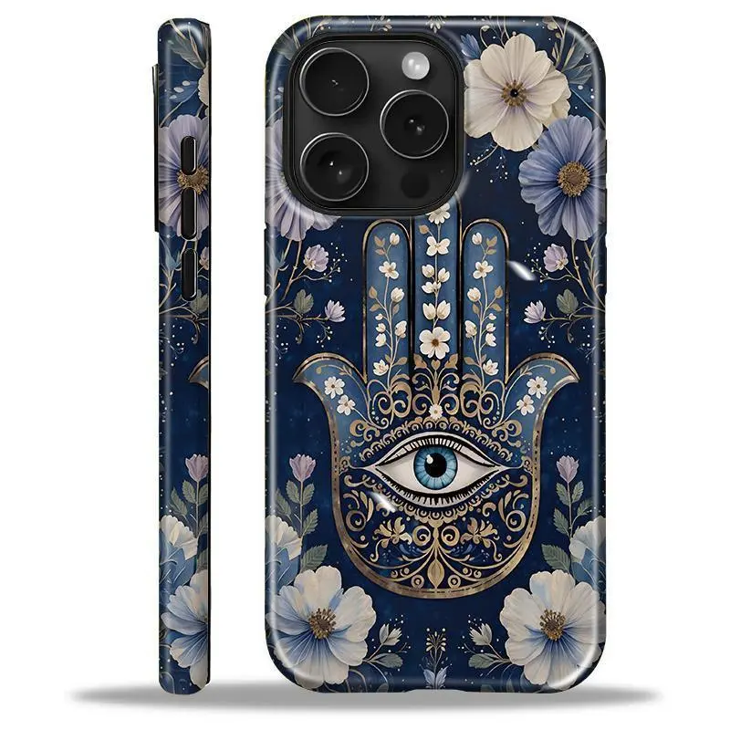 Hamsa Hand Flower Evil Eye Pattern 2-in-1 Glossy Film TPU Silicone Smartphone Casing - Durable Shockproof Cellphone Protection Accessory, Full Coverage for iPhone 18,17 Air E,16,15,14,13,12,11 Pro/Pro Max & Samsung Galaxy S24 Plus,S25,S22+,Ultra,FE,Edge