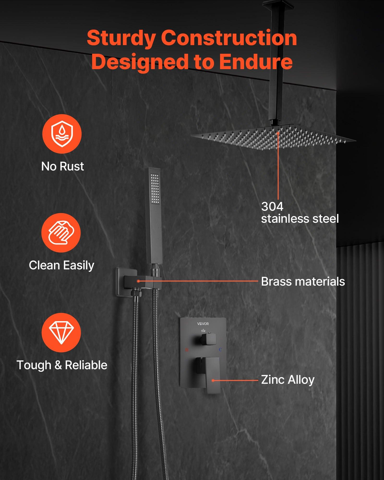 VEVOR Shower Faucet Set, Rainfall Bathroom Shower System with 10-Inch Square Rain Shower Head and Handheld Spray, Ceiling Mount Bath Fixtures with Brass Valve and Trim Kit, Matte Black
