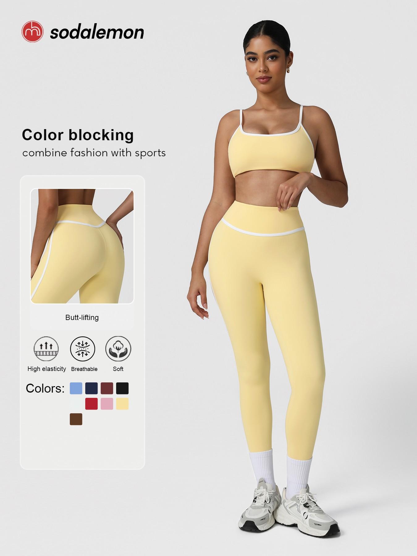 Women's Contrast Binding Crop Cami Top & High-Waist Leggings Set, Casual Sleeveless Top & Skinny Pants Two-Piece Yoga Outfits, Ladies Sportswear Workout Running Clothes for Indoor & Outdoor Wear