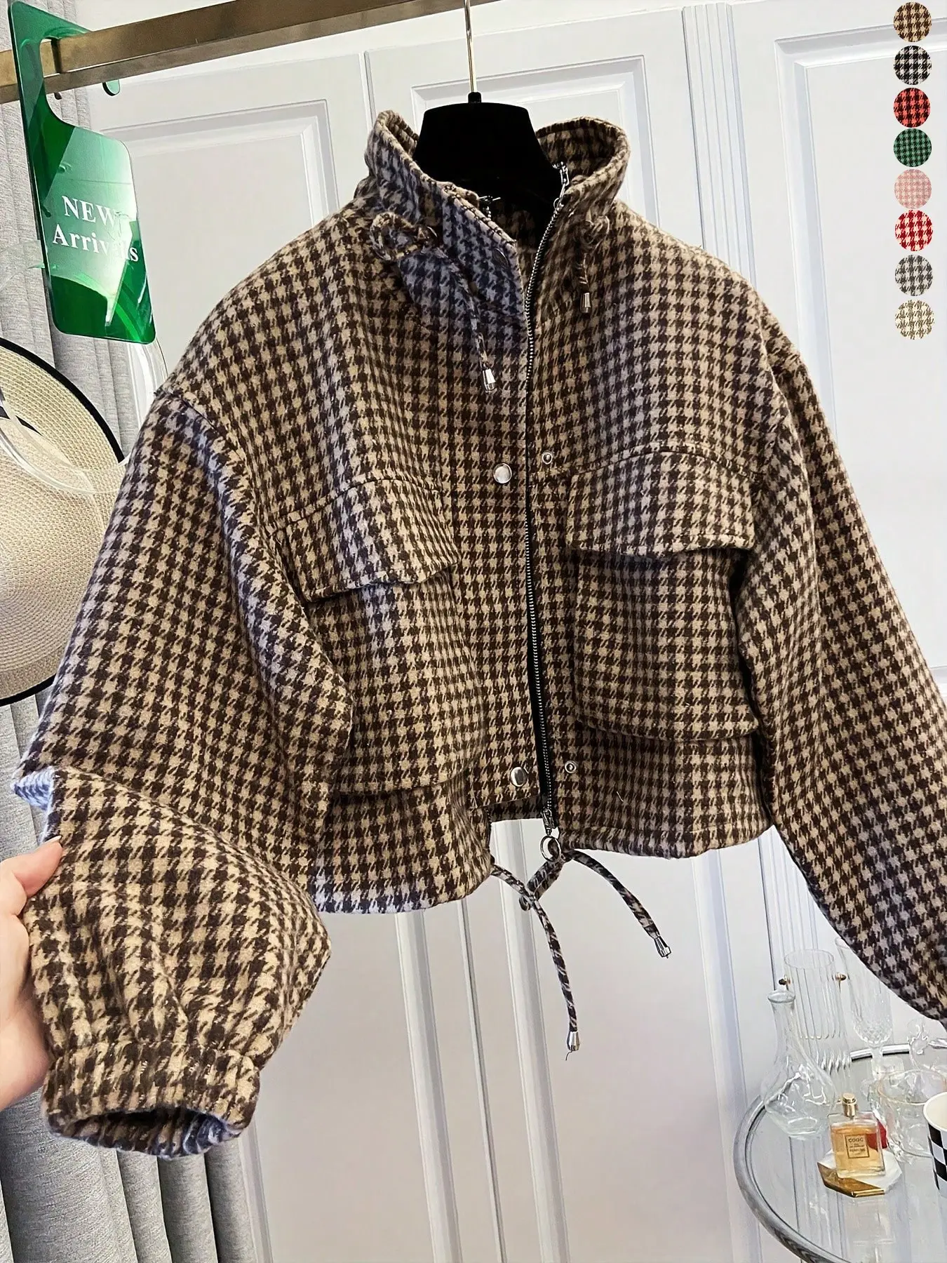 Women's Fashion Retro Plaid Gingham Stand Collar Short Coat, Drawstring Design, Zipper Front, Perfect for Fall Winter Daily Holiday Outing