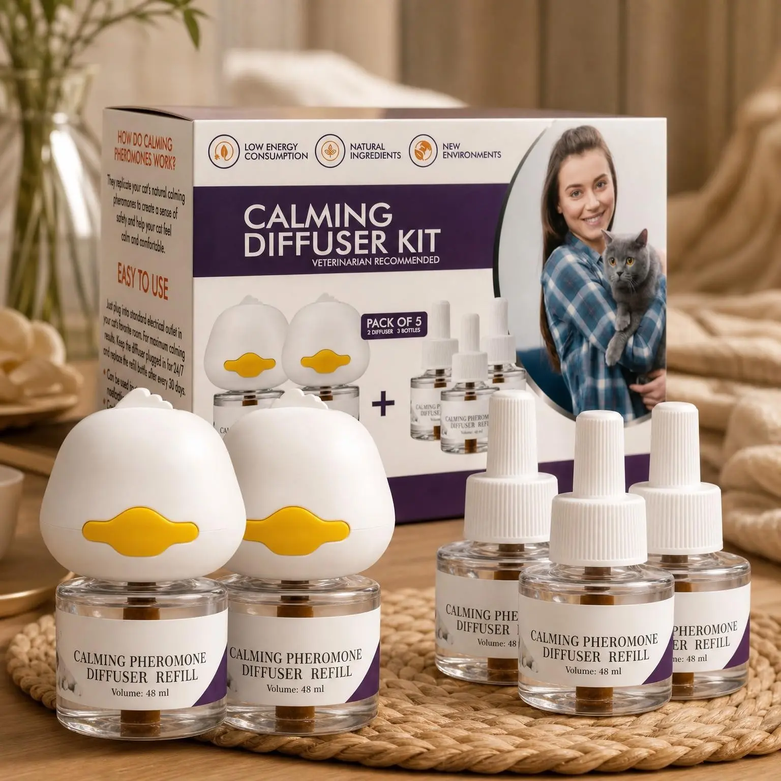 Cat Calming Diffuser 5 Pack Includes 2 Diffusers Machines & 3 Refills Pheromone Plug-In for Cats Reduce Anxiety Aggression Stress Scratching & Spraying Long Lasting Calming Diffuser Kit for All Cats