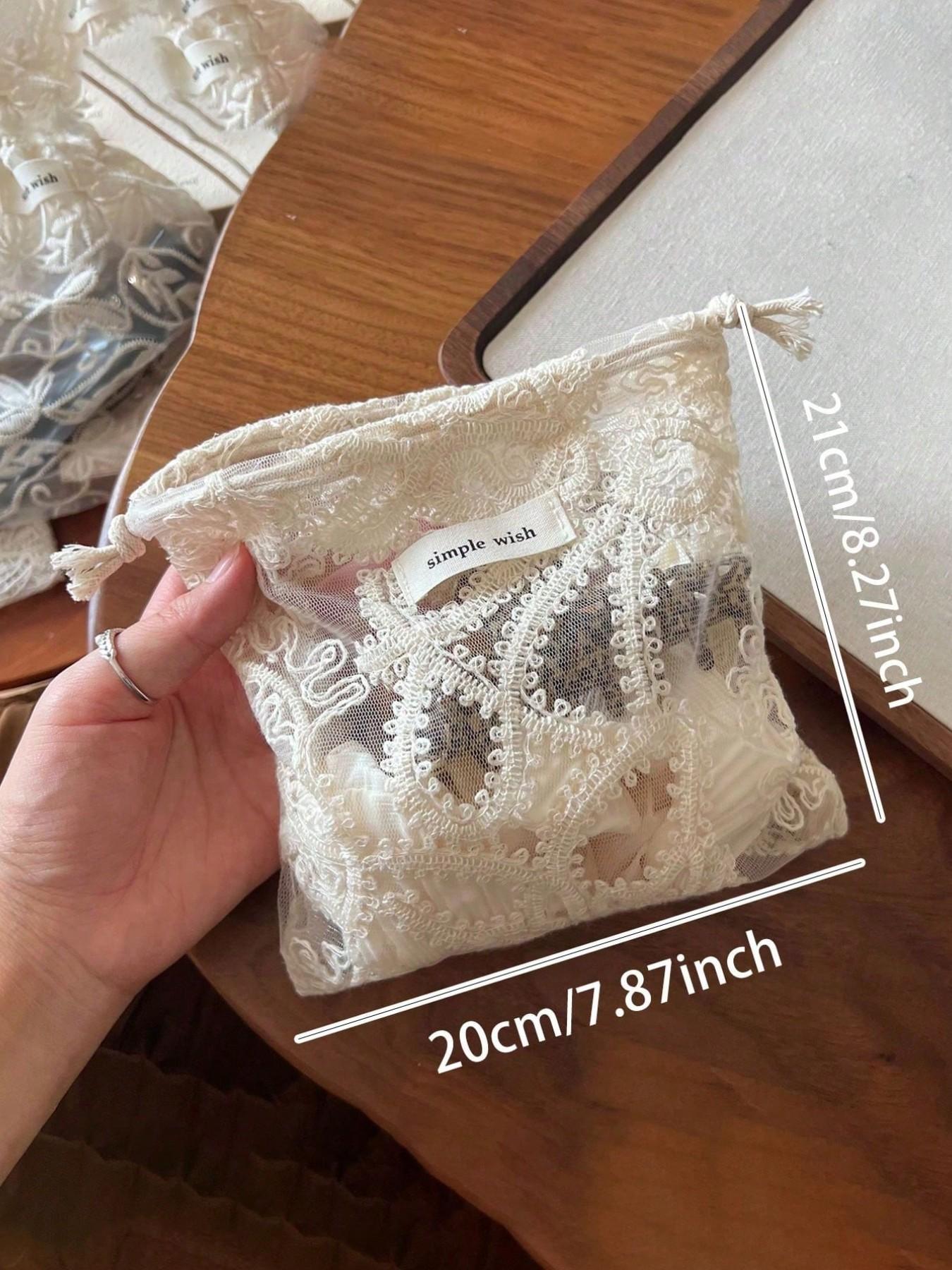 Vintage Art Apricot Lace Embroidered Makeup Bag, Single Layer Drawstring Small Pouch, Large Capacity Portable Storage Bag, Travel Essential Gift Bag