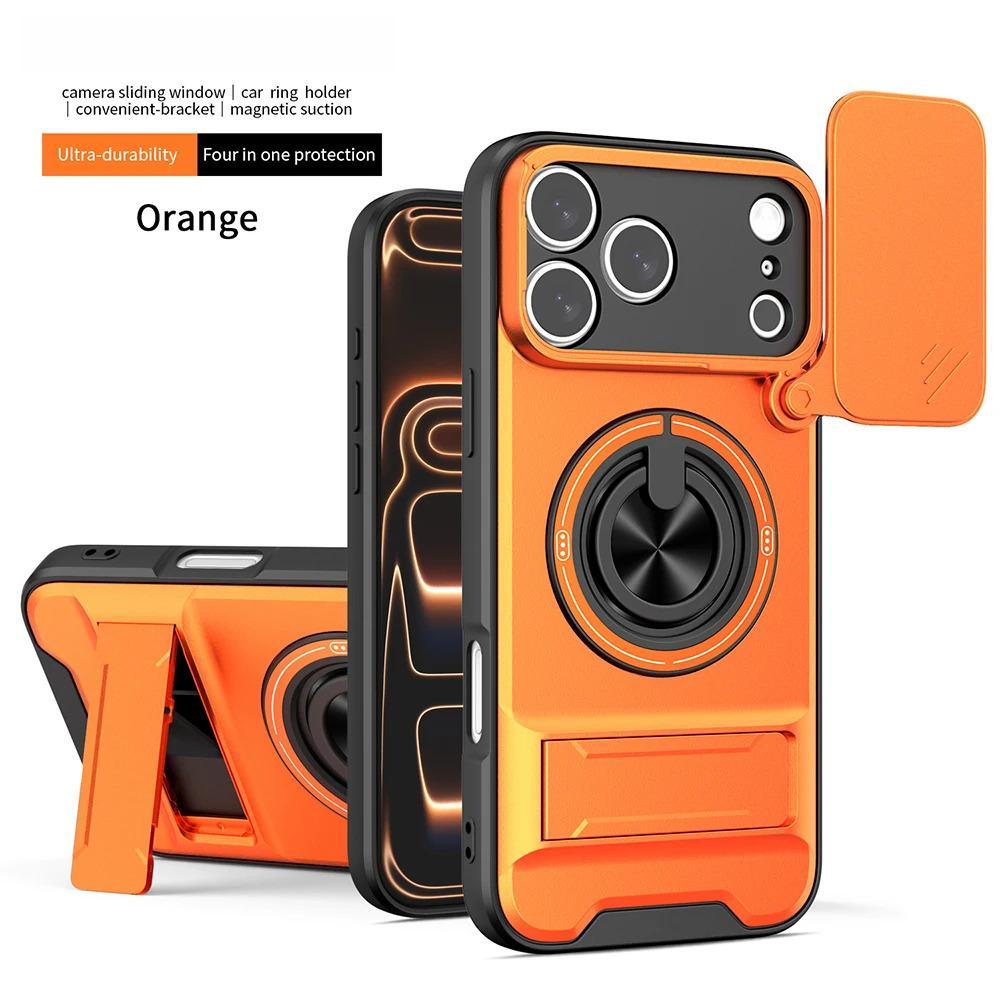 Phone Case: 3pcs Set[1 Phone Case+2 Screen Protectors] Luxury Multi-Functional Creative Push Window Rotating Ring Stand Phone Case Compatible with iPhone 17 16 15 14 13 12 11 Pro Max Plus Durable Fashion Magnetic Wireless Charging Shockproof Lens