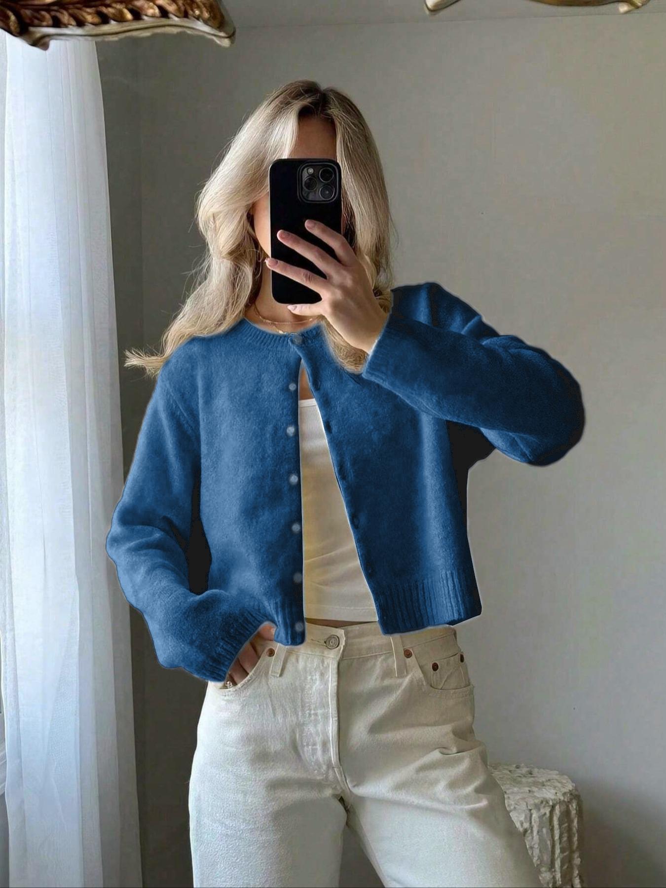 Women's Solid Color Button Front Cardigan, Casual Long Sleeve Knitwear for Spring & Fall, Fashion Women's Knit Clothing for Daily Wear