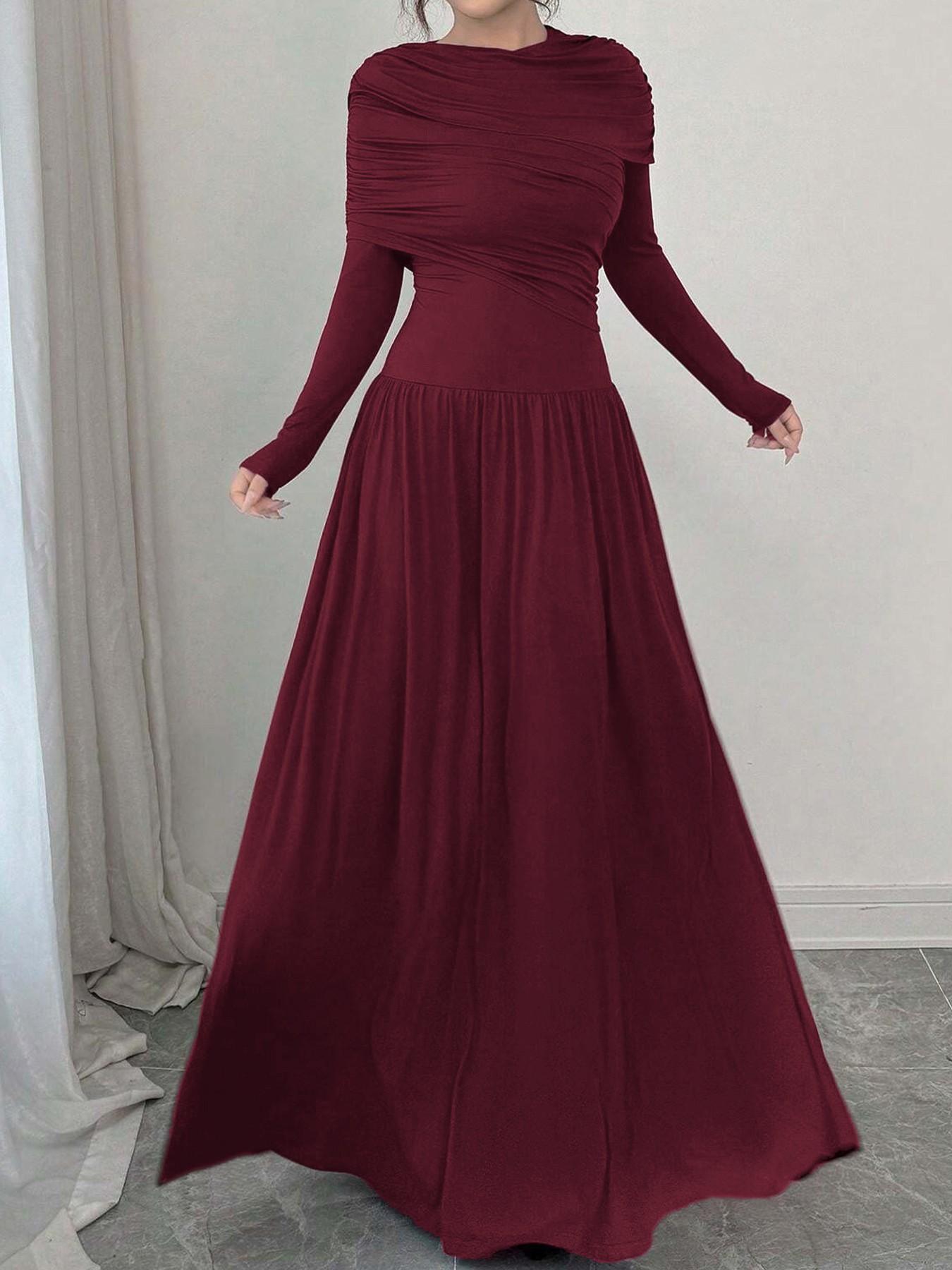 Women's Elegant Chic Plain Long Fitted Dress, Round Neck Long Sleeve  Ruffled Waist Hem, All Seasons Fashion for Dating, Formal and Evening  Events, Womenswear - TikTok Shop