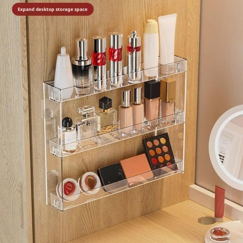 Wall-mounted acrylic makeup storage rack, no-drill cosmetic storage rack, transparent bathroom skincare shelf for vanity, very suitable for organizing lipsticks, eyeshadows, and skincare products