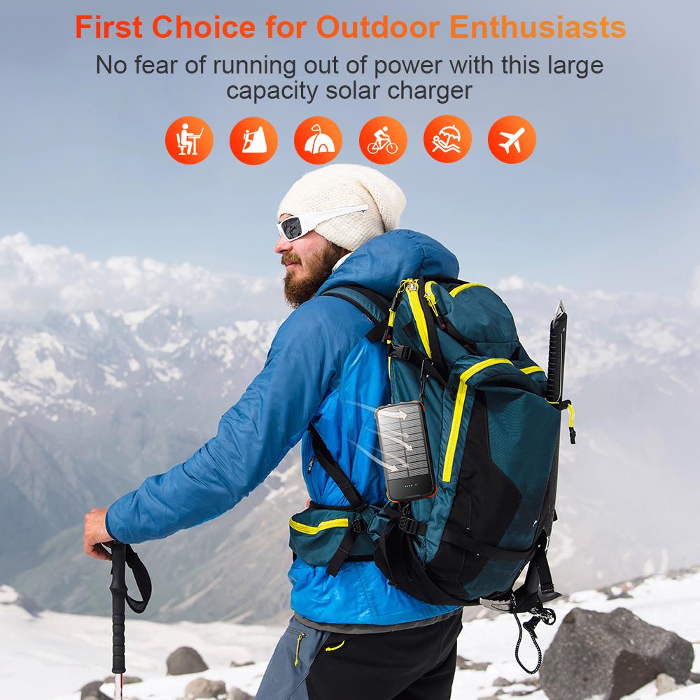 citicr 40000mah large-capacity solar power bank, equipped with 4 cable outputs, 5 QC3.0PD 20W fast charging channels, 2 lighting fixtures, and 1 solar panel for efficient charging. It is suitable for outdoor activities, fishing and camping