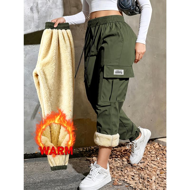 Women's Winter Fashionable Work Pants, Adjustable Drawstring Elastic High Waist, Loose Side Practical Work Bag, Thick and Warm Lining Material, Suitable for Urban Winter Street Life Fashionable Winter Pants
