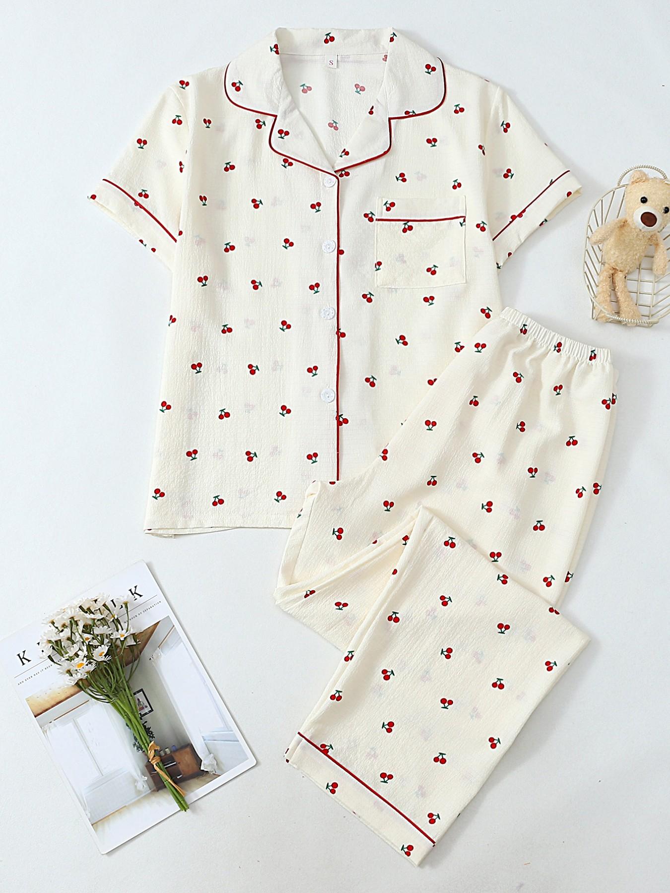 Women's Heart Print Short Sleeve Pajama, Casual Comfy Heart Print and Striped Lapel Neck Pocket Shirt & Pants PJ Set, Ladies Sleepwear for All Seasons, Loungewear, Pyjamas, Womenswear
