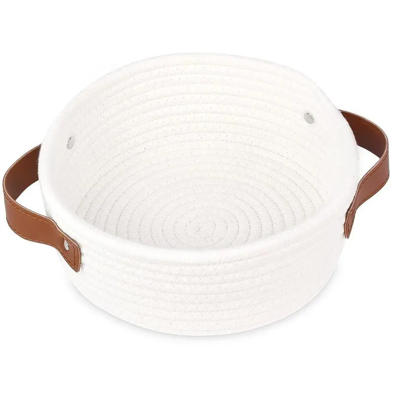 Small Cotton Rope Storage Basket, Mini Round Bin with Handles, 7.87 x 7.87 x 3.15 Inch, Soft Natural Organizer for Nursery, Spa, Bathroom and Shelf, Bathroom and Spa,foldable