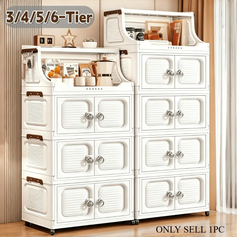 Large capacity foldable storage box, 3/4/5/6 stacked plastic storage box with lid, sturdy and durable organizing cabinet with magnetic doors and rollers, suitable for kitchen, bedroom, office, living room
