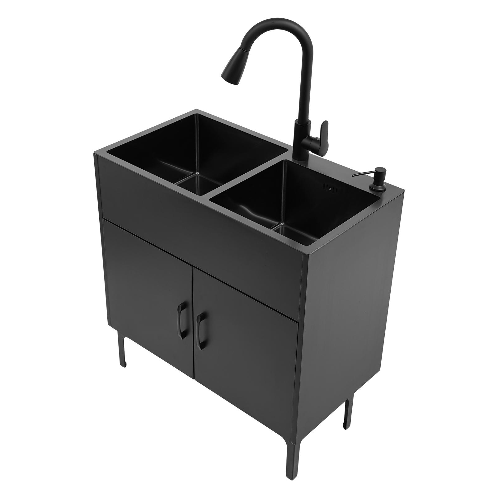Laundry Utility Sink with Cabinet & Pull-Down Faucet Freestanding Stainless Steel Utility Sinks with 2 Doors Deluxe Bouble Kitchen Sink Wash Station Tub for Laundry & Kitchen, Bathroom(Black)