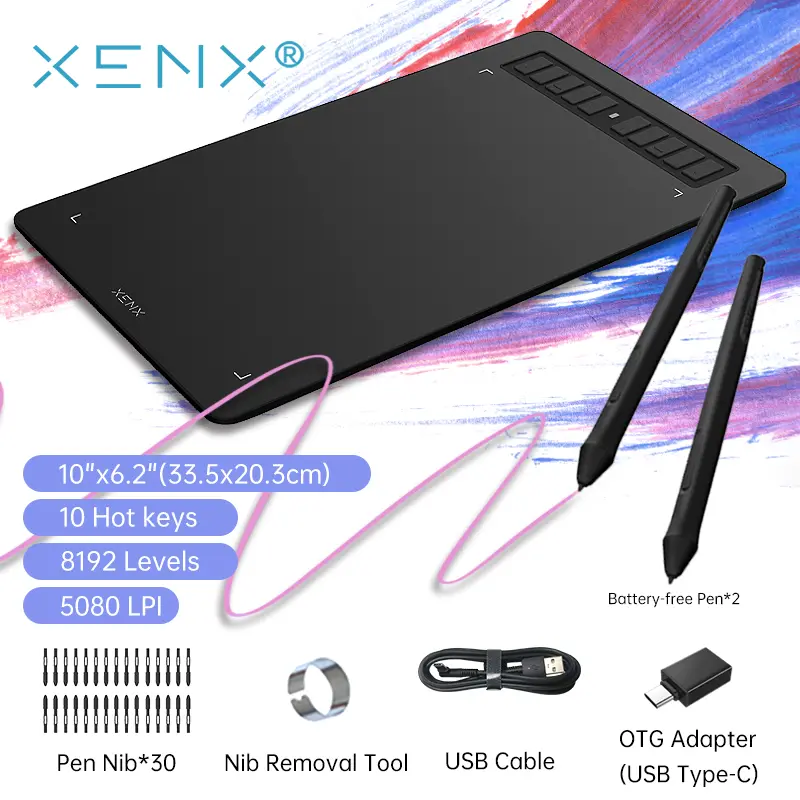 Graphics Drawing Tablet, XENX P3-1060B 10*6.22 inch Large Pen Tablet with 10 Hot Keys, Passive Battery-Free Stylus and 8192 Levels Pressure, Digital Art Tablet for Mac, Windows PC and Android, Paint, Design, Art Creation Sketch