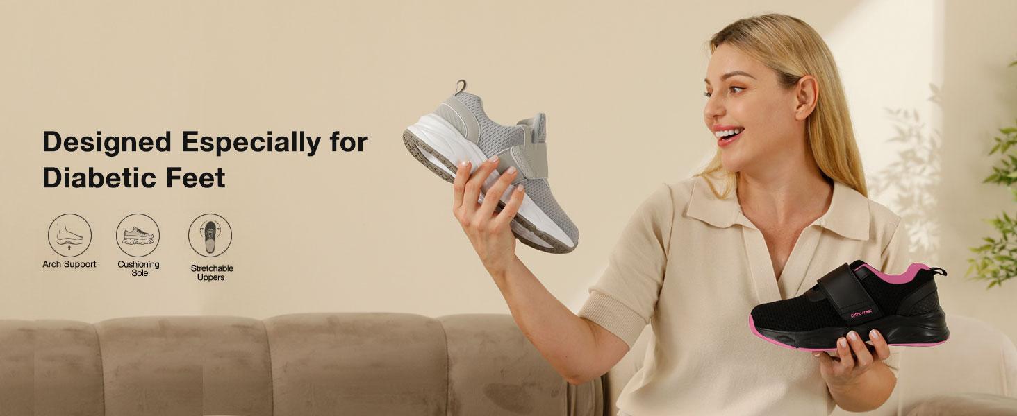 Ortho+rest Women Accommodating to Diabetic-Friendly Shoes with Adjustable Closure Walking Shoes Edema Shoes Suitable for Swollen Feet Sneaker Girl Runner Black Springtok Training