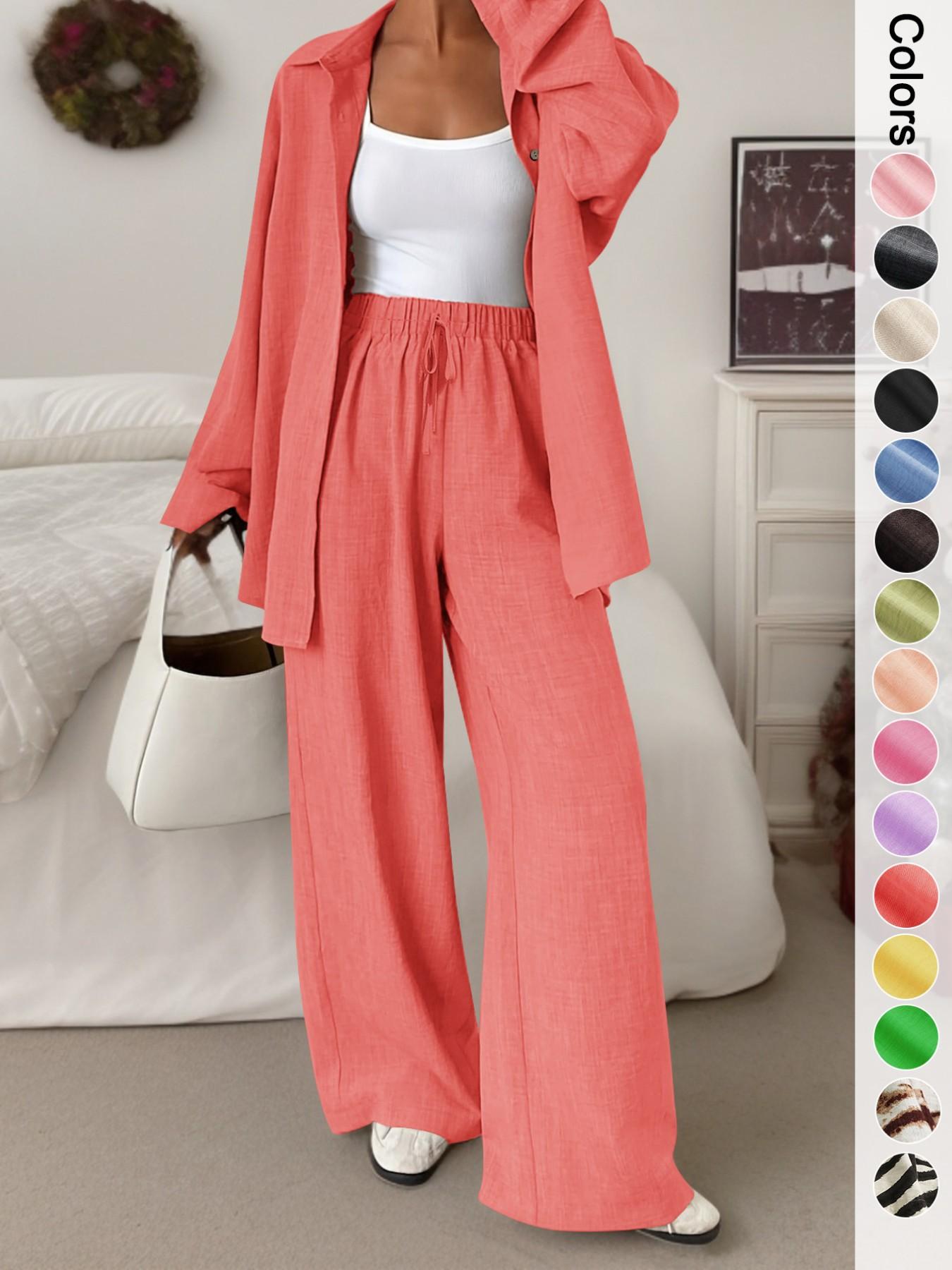 Women's Casual Sporty Shirt Long Pants Set, Loose Button-Up Top Wide Leg Pants Two-Piece Set, Comfortable and Stylish