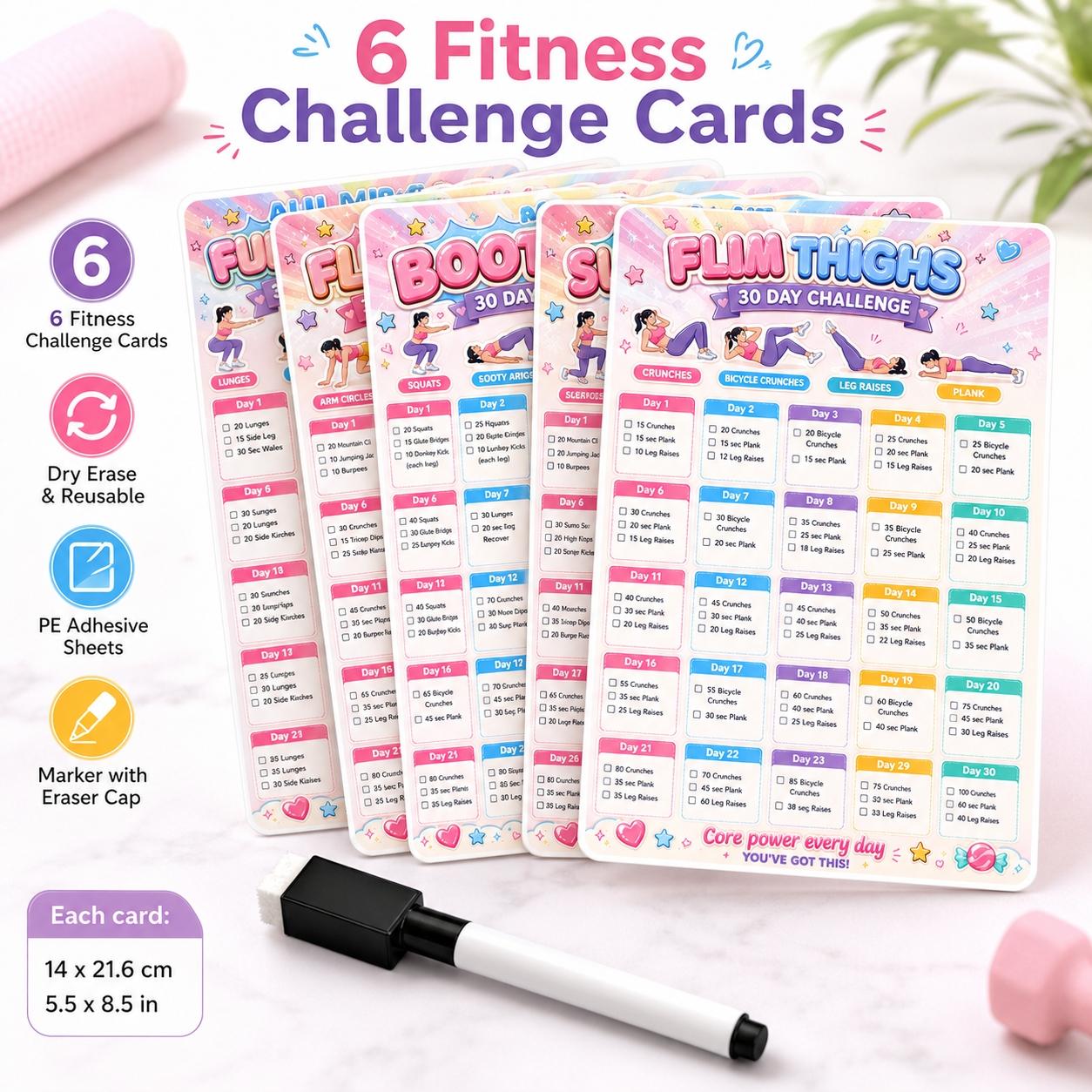 Auvirec 30-Day Reusable Fitness Tracker Set, 6 Pet Challenge Cards + Erasable Marker, Home Workout Log, Smooth Surface Compatible