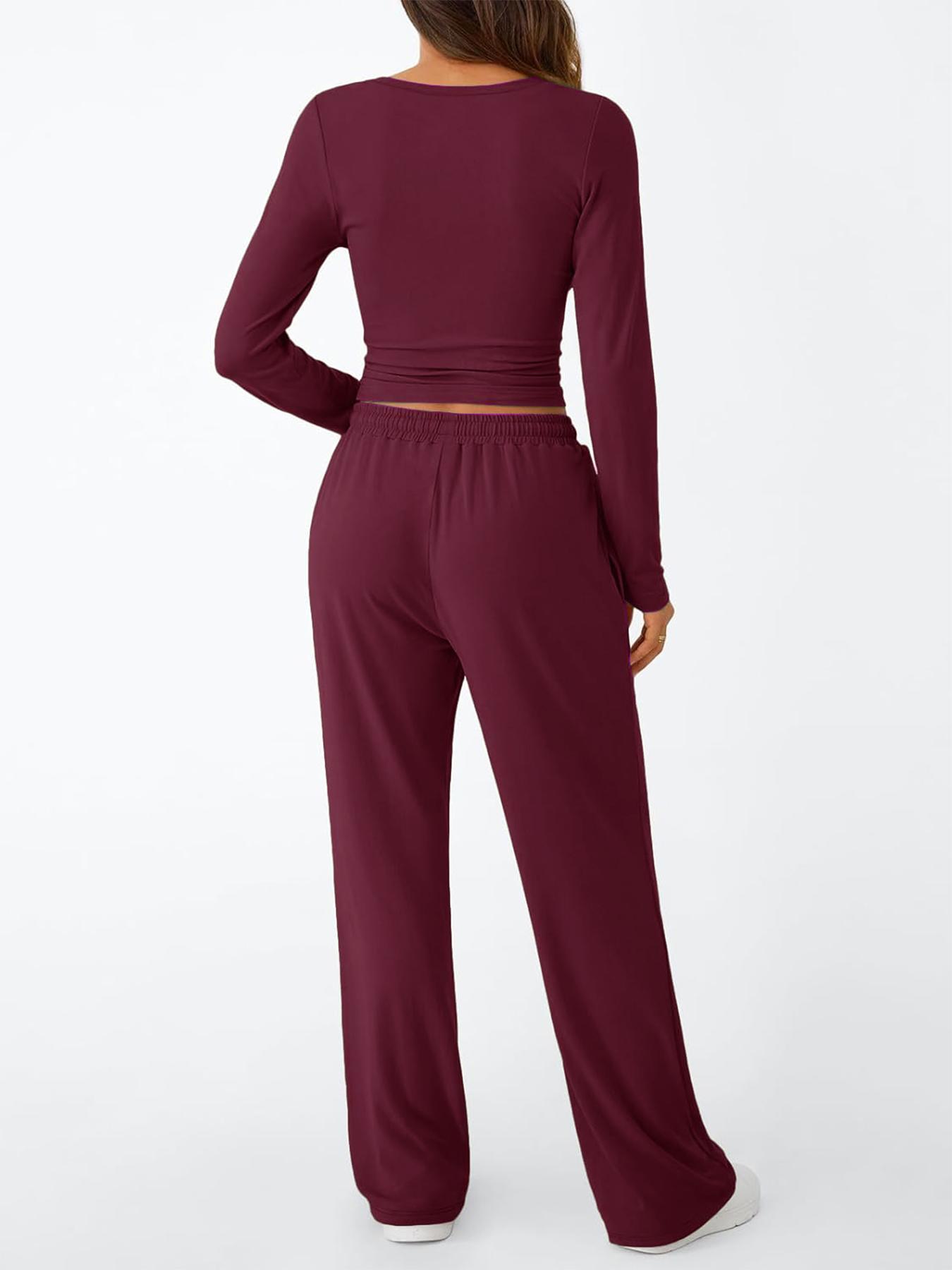 Women's 2-Piece Matching Loungewear Set, Long Sleeve Slightly Crop Top & Wide Leg Drawstring Pants, Casual Fitted Sweatsuit for Fall & Winter, Pajama, Pjs