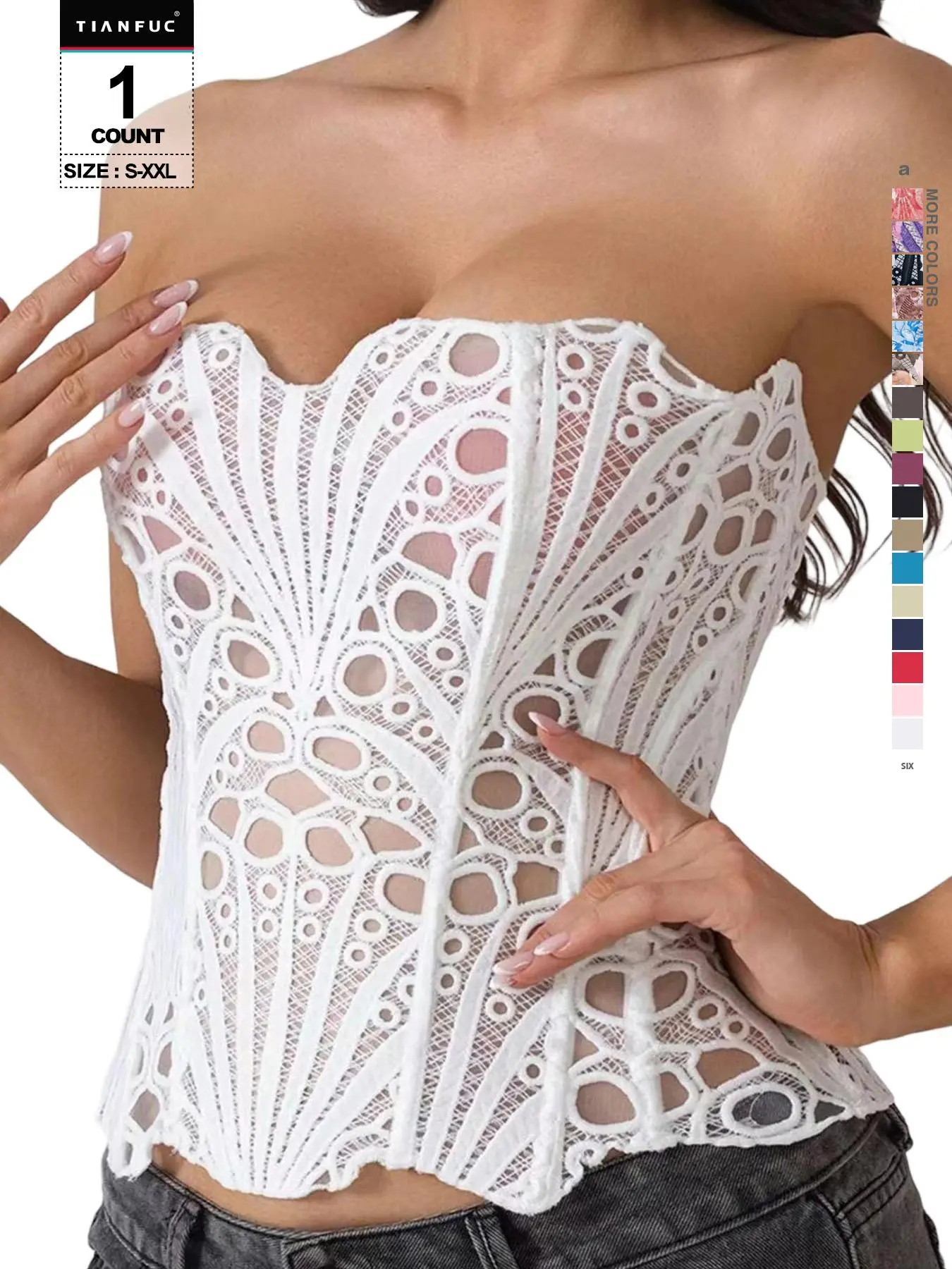 Women Sweetheart Scalloped Strapless Floral Cutout Lace Corset Bustier Top, Adjustable Waist Cincher, Vintage Fashion Tube Corset, Underwear