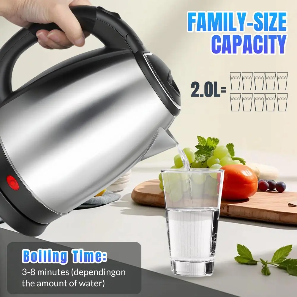 【BackToSchool】304 Stainless Steel BPA-Free Electric Kettle, 2.0L 110V Fast Boiling Hot Water Heater for Everyday Use, Auto Shut-Off, Overheat Protection, Dry-Boil Protection, 360° Swivel Base, 1-Touch Pop-Up Lid, Cordless Tea Kettle for Home