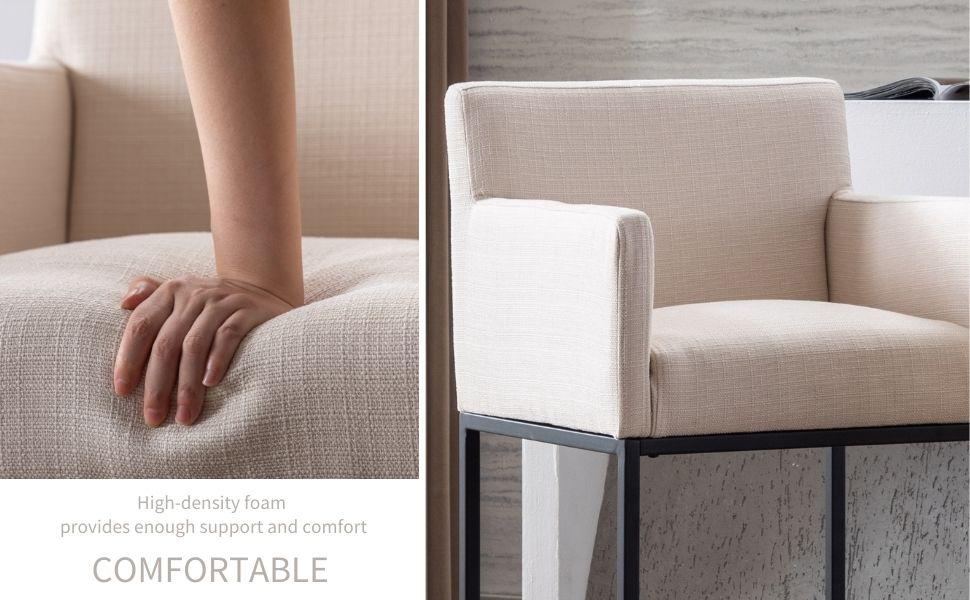 CHAIRUS  Bar Stools Set of 2, 26'' H Counter Height Bar Stools,Modern Counter Stools with Backrest and Arms, Black Metal Frames, Linen Fabric Upholstered Accent Bar Stools for Kitchen Island, Cream Bar Chair