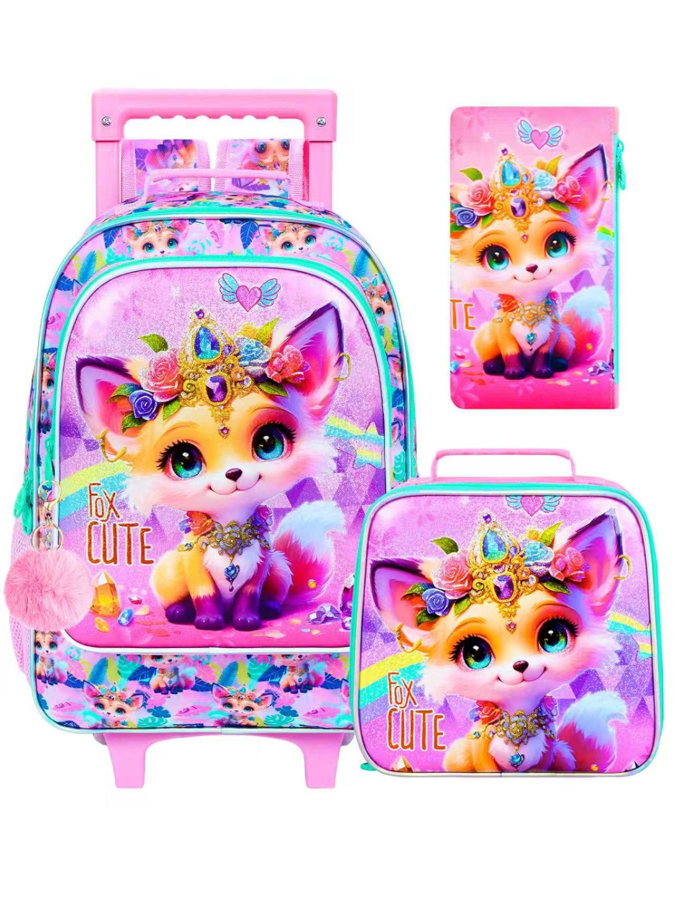 Girls' Rolling Backpack Set, Fox Pattern School Bag with Wheels, School Backpacks, Rolling Bookbag and Lunch Box for Preschool (white)